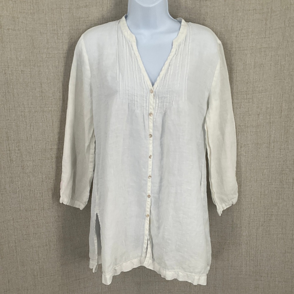 Eileen‎ Fisher Tunic Womens Size M White 100% Irish Linen Pintuck Lagenlook Top